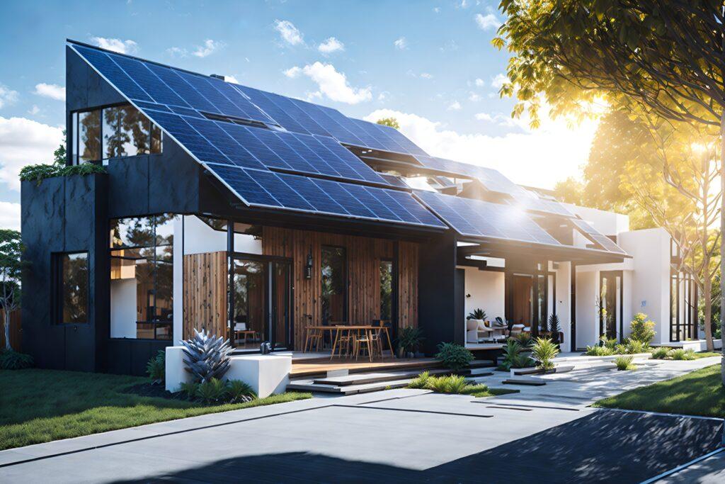 Foto eines modernen Hauses mit umweltfreundlicher Ausstattung: einem Solarpanel auf dem Dach