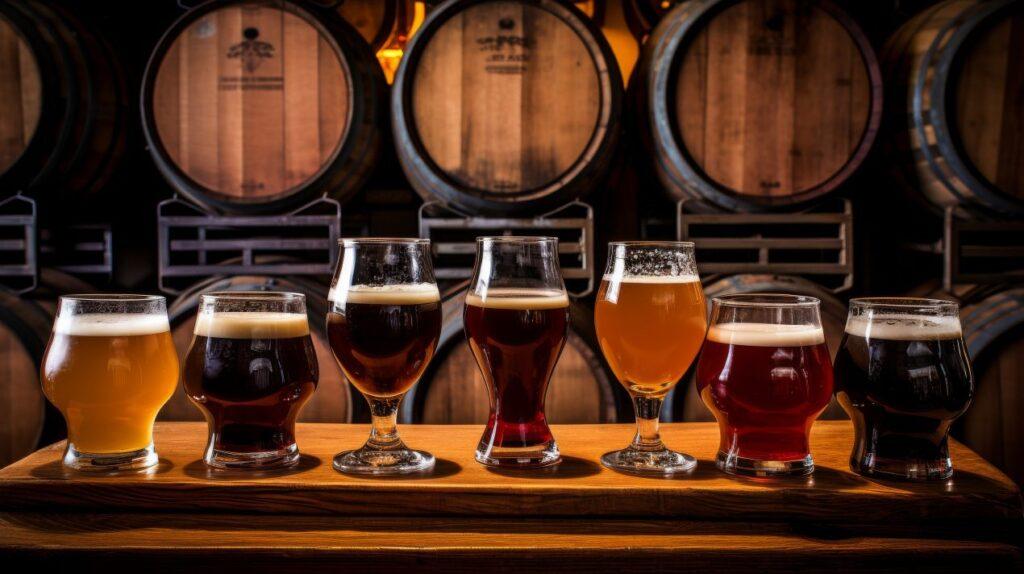 Verschiedene Biergläser mit dunklen und hellen Biersorten, darunter ein Tripel Karmeliet, auf einem Holzbrett vor traditionellen Eichenfässern – perfekte Darstellung der belgischen Bierkultur.