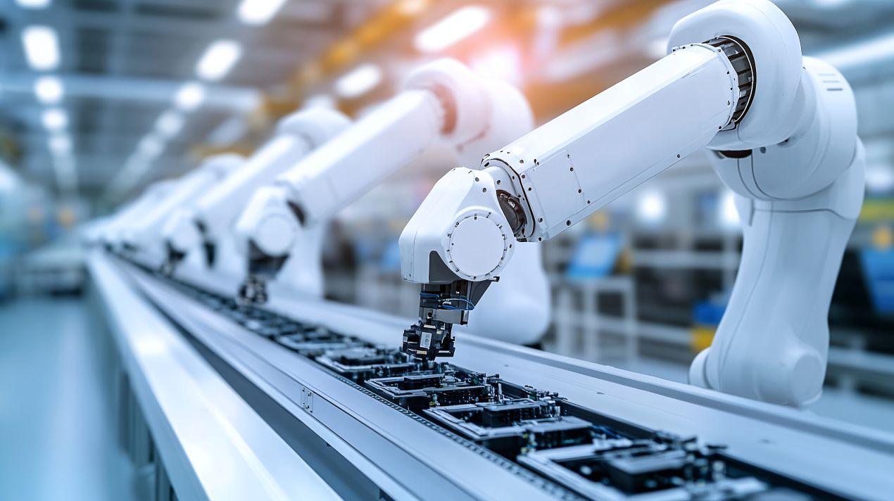 Industrielle Roboterarme montieren Bauteile in einer automatisierten Produktionslinie. Palettierer und smarte Systeme steigern die Geschwindigkeit und Präzision.