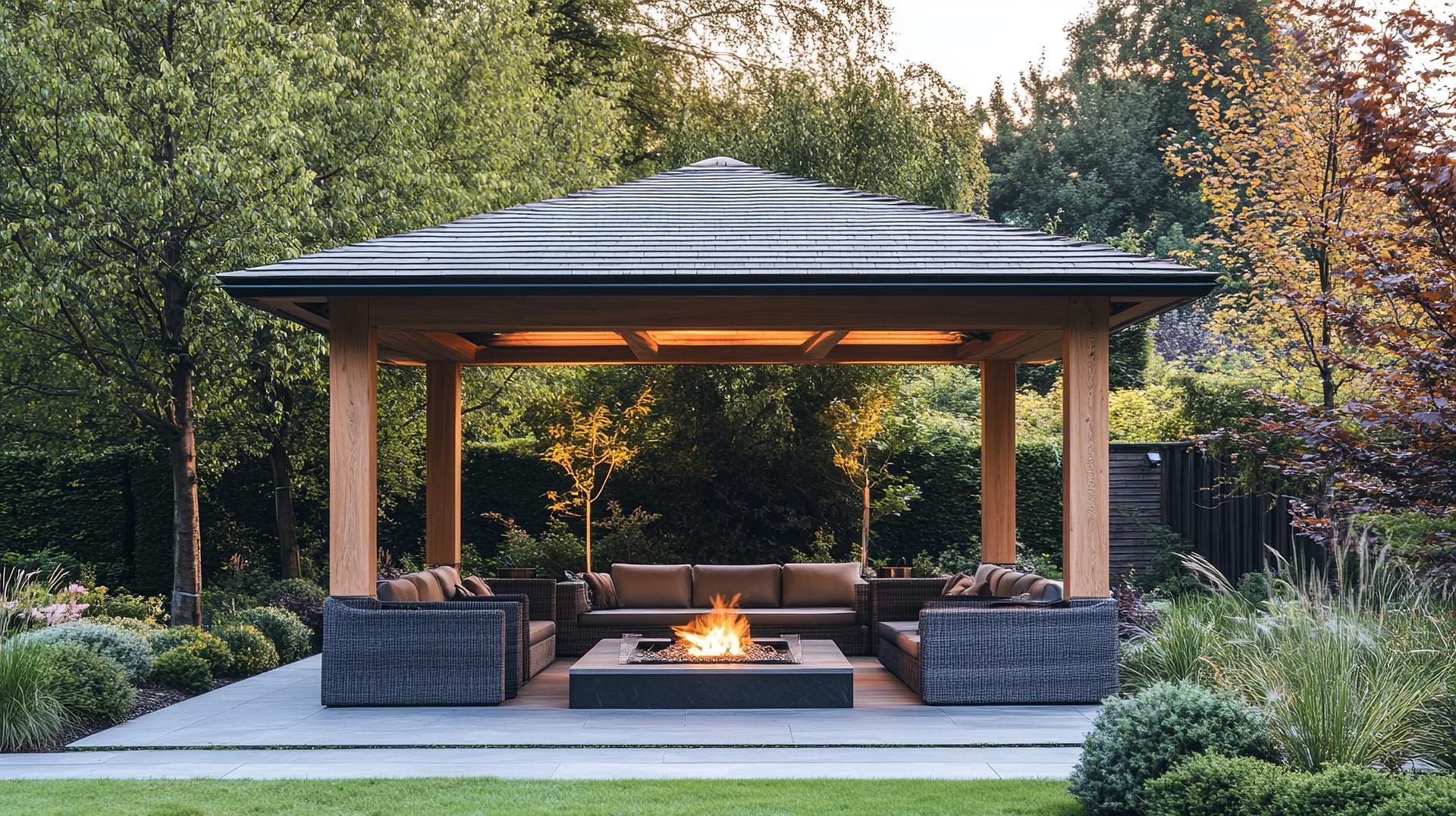 Pavillon aus Holz mit Feuerstelle