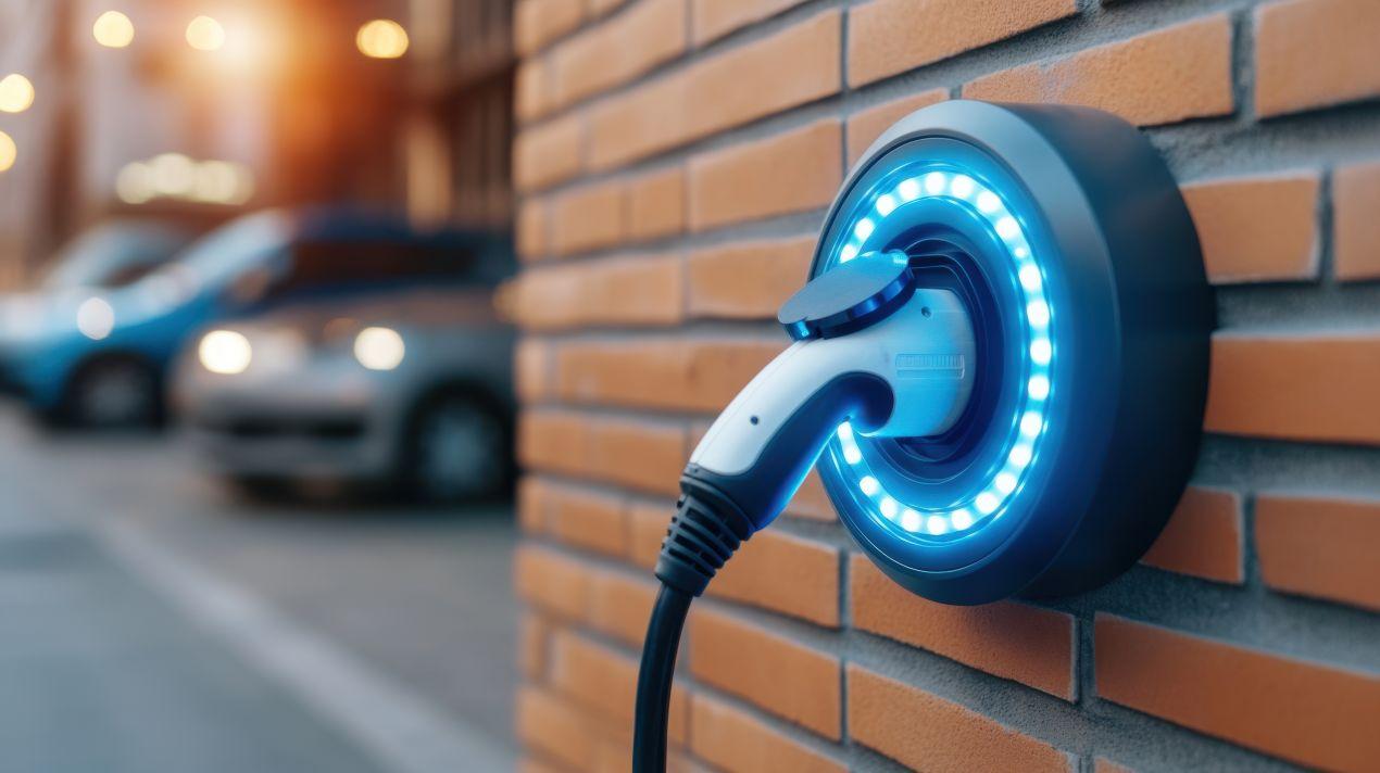 Elektroauto-Ladestation an Ziegelwand mit blauer LED-Beleuchtung, unterstützt Vehicle-to-Grid (V2G) mit Huawei Wechselrichter