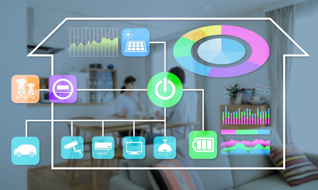 Schematische Darstellung eines vernetzten Smart Homes mit Huawei Wechselrichter, Batterien, Solarmodulen und digitalen Energieflüssen