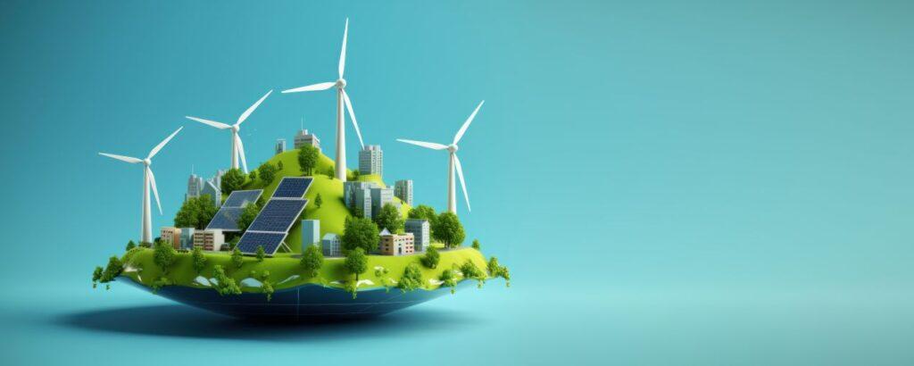 Insel mit Solaranlagen, Windkraftanlagen und grüner Stadt, unterstützt von Huawei Wechselrichtern für nachhaltige Energieversorgung