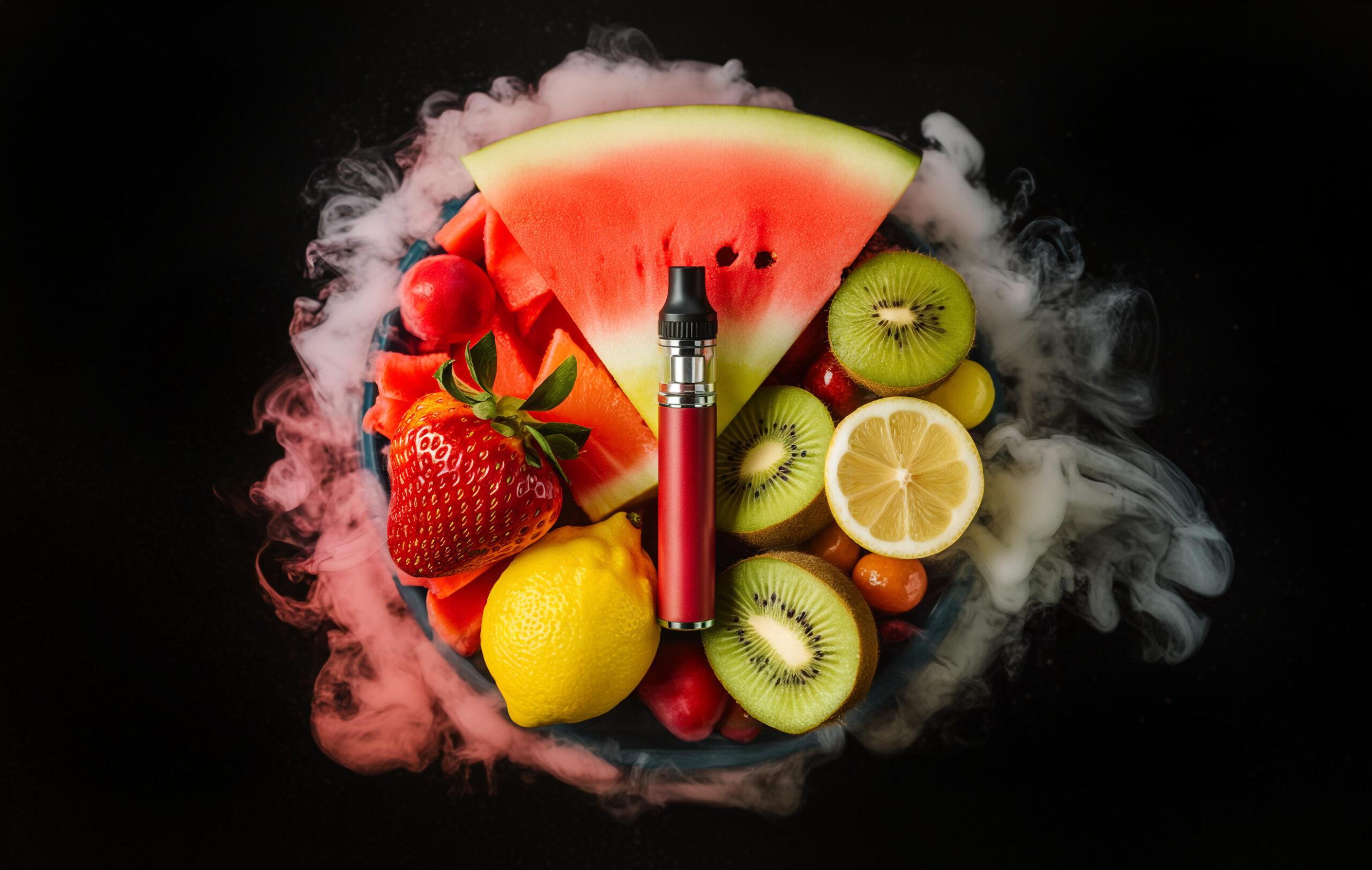 Vape neben Wassermelone, Erdbeere, Kiwi und Zitrone – symbolische Darstellung der Aromenvielfalt beim randm tornado