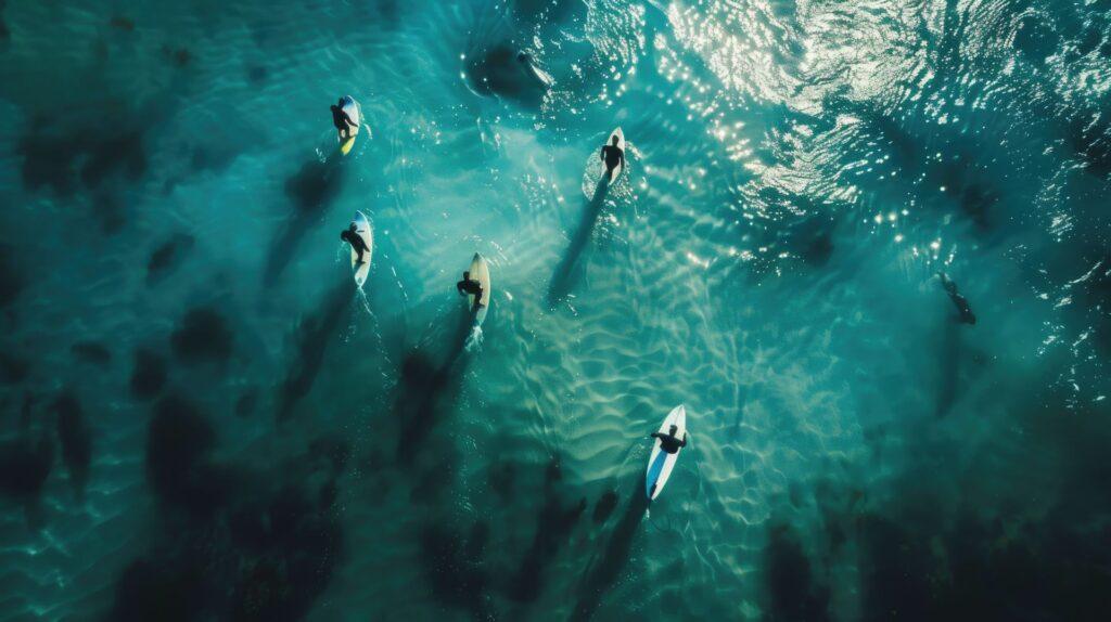 Mehrere Personen auf Surfboards im türkisfarbenen Meer, aus Drohnenperspektive fotografiert