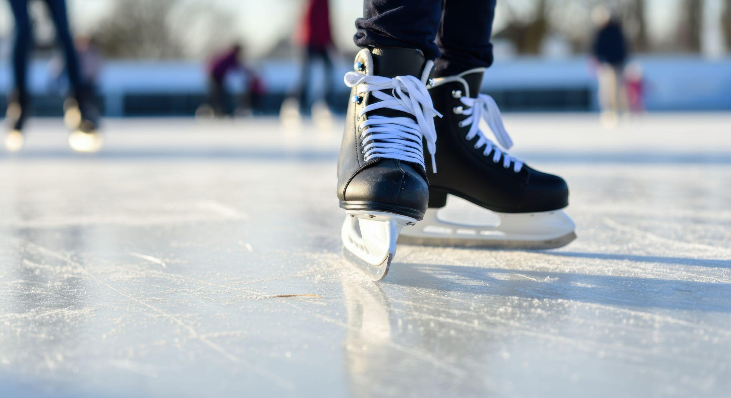 Schlittschuhe beim Freizeiteislaufen auf einer offenen Eisfläche