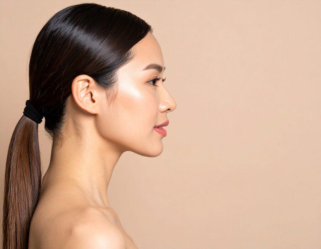 Seitliches Profil einer Frau mit glattem, glänzendem Sleek-Zopf – ideal gestylt mit Ponytail Extensions für mehr Länge und Fülle