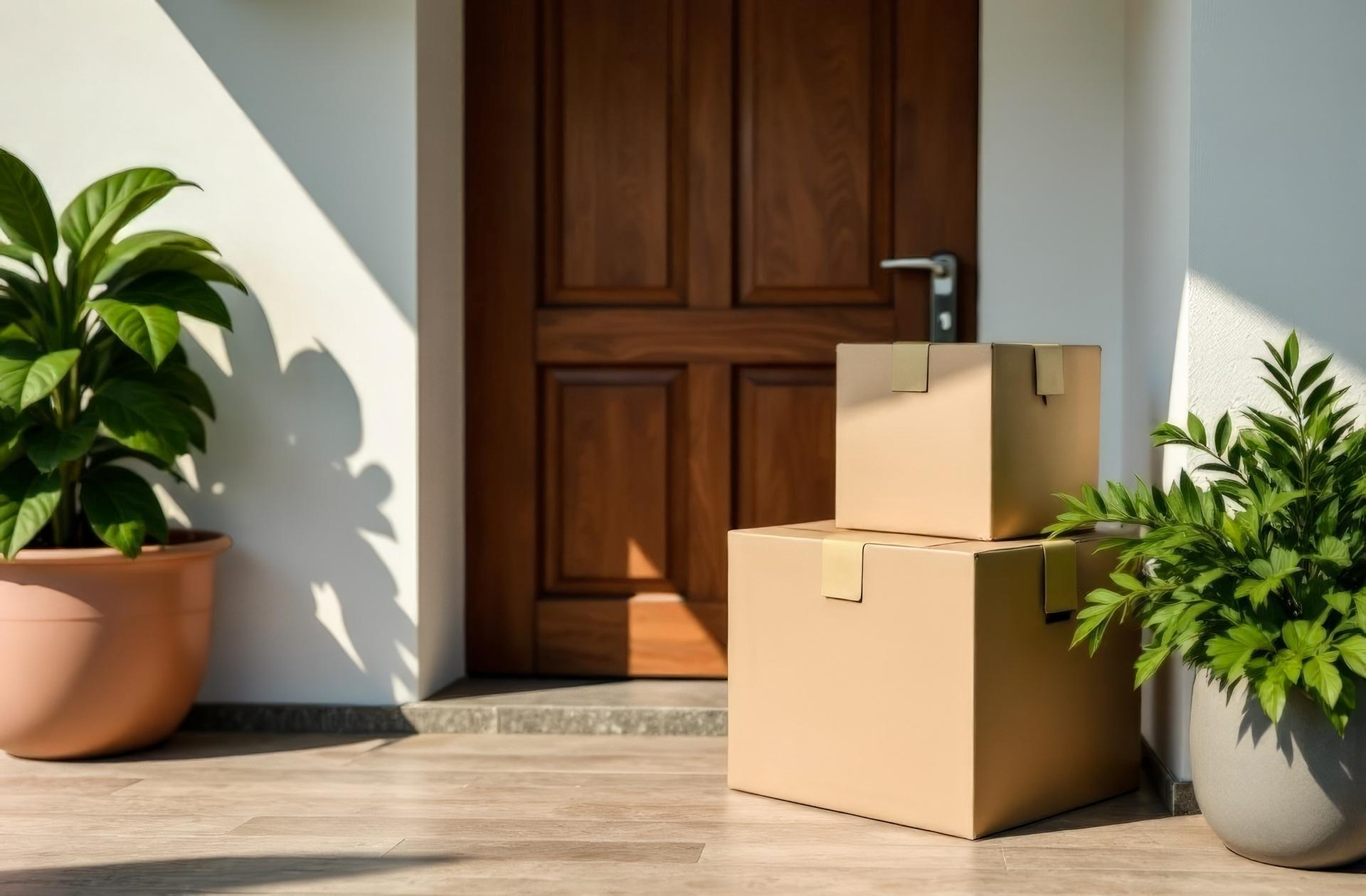 Kartons vor Eingang ohne Schutz | Paketbox für zuhause

