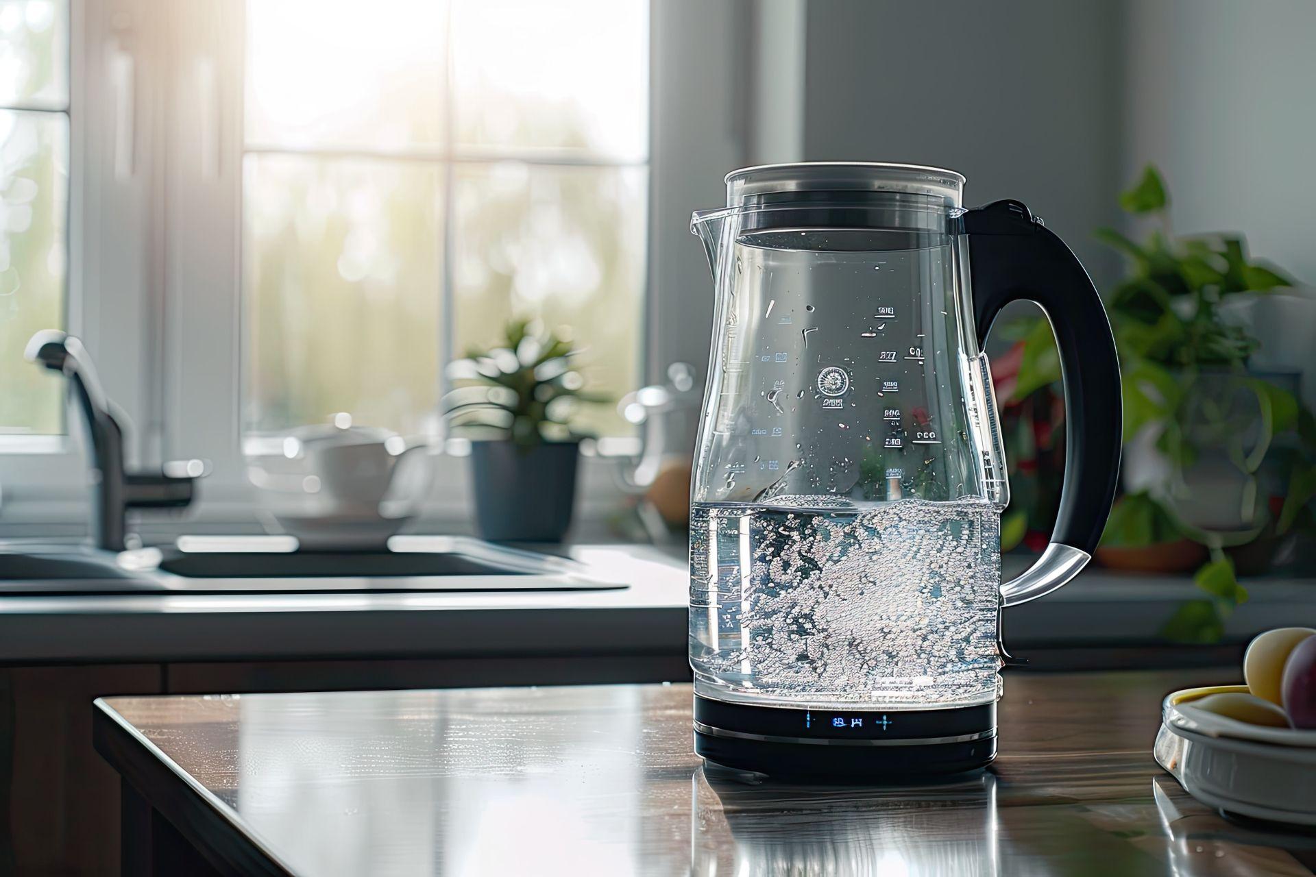 Wasserkocher mit klarem Osmosewasser auf Kuechentisch, kalkfrei und geraeteschonend durch Osmoseanlage