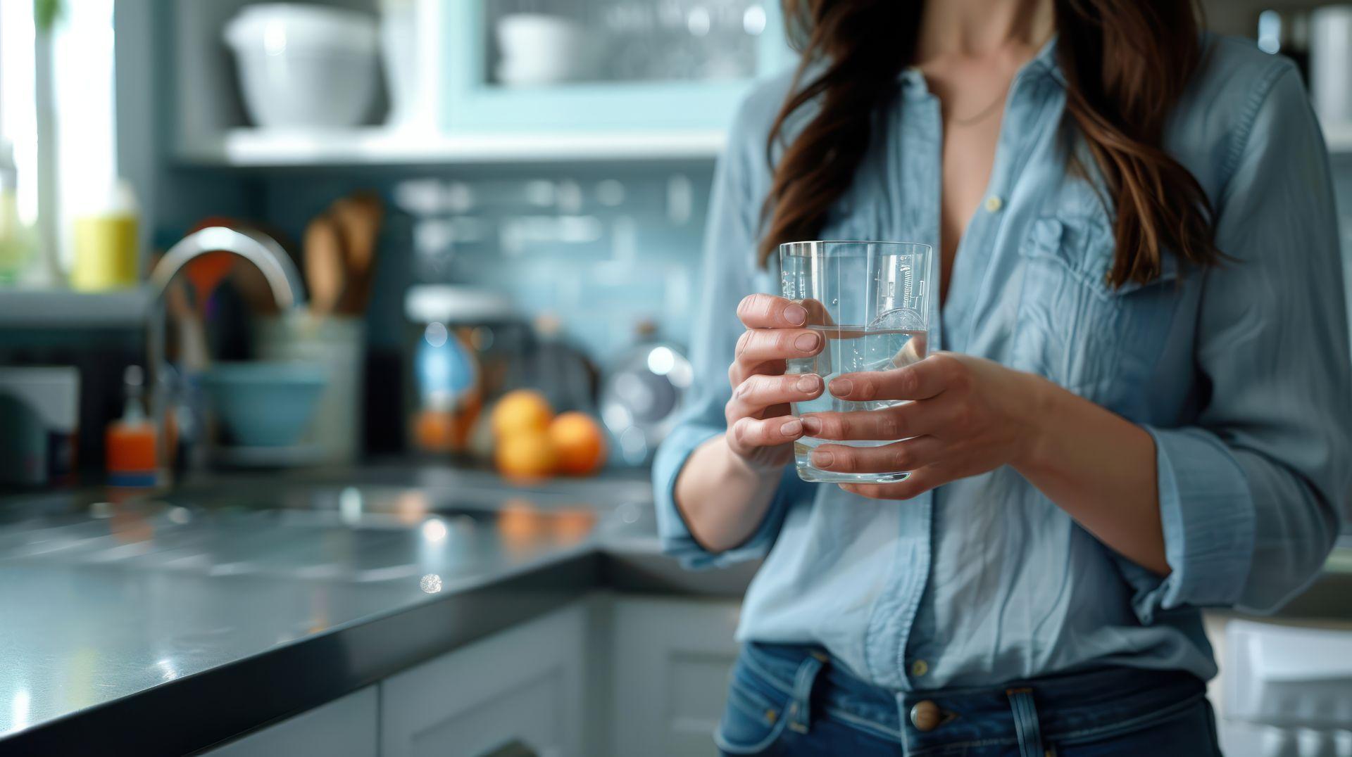 Frau haelt ein Glas mit gefiltertem Wasser in moderner Kueche – Osmoseanlage als Teil des gesunden Alltags