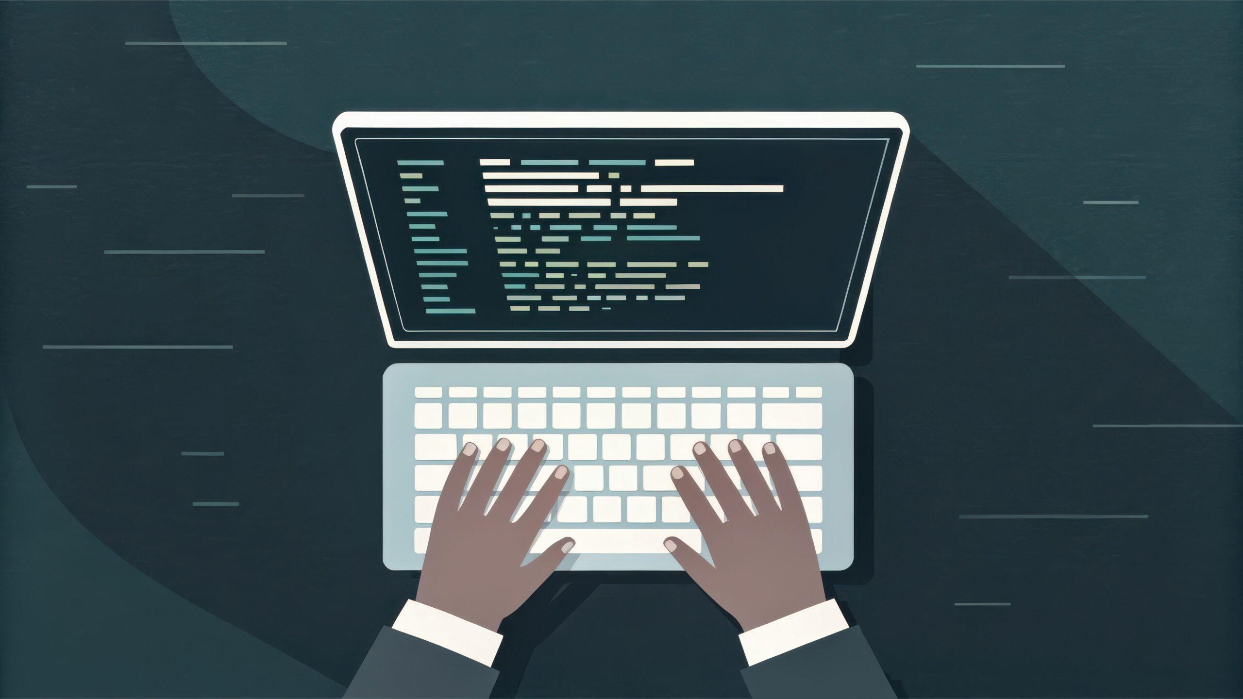 Inkognito-Nutzerkonzept. Hände tippen auf einem Laptop mit Code auf dem Bildschirm, was Technologie und Programmierung darstellt.