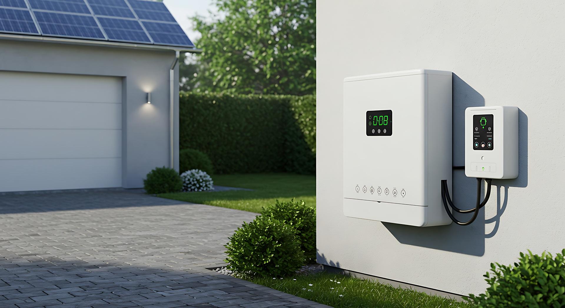 Hauswand mit Energiespeichersystem im Aussenbereich | Batteriewechselrichter