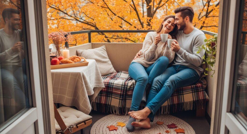Paar trinkt Kaffee auf Balkon im Herbst | Heizöl kaufen
