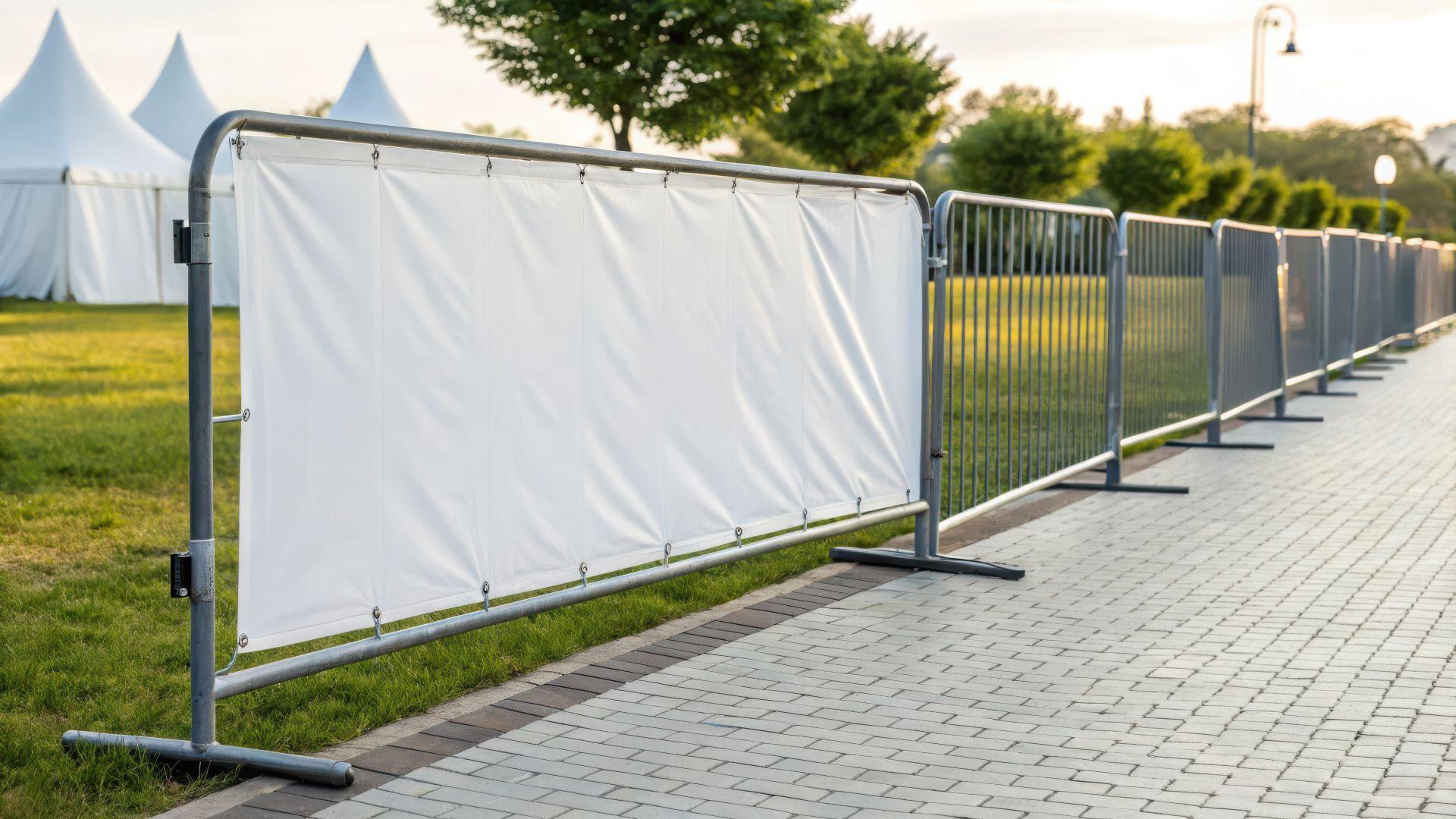 Reihe von Absperrgittern mit weisser Plane zur Sichtabschirmung bei Outdoor Veranstaltung